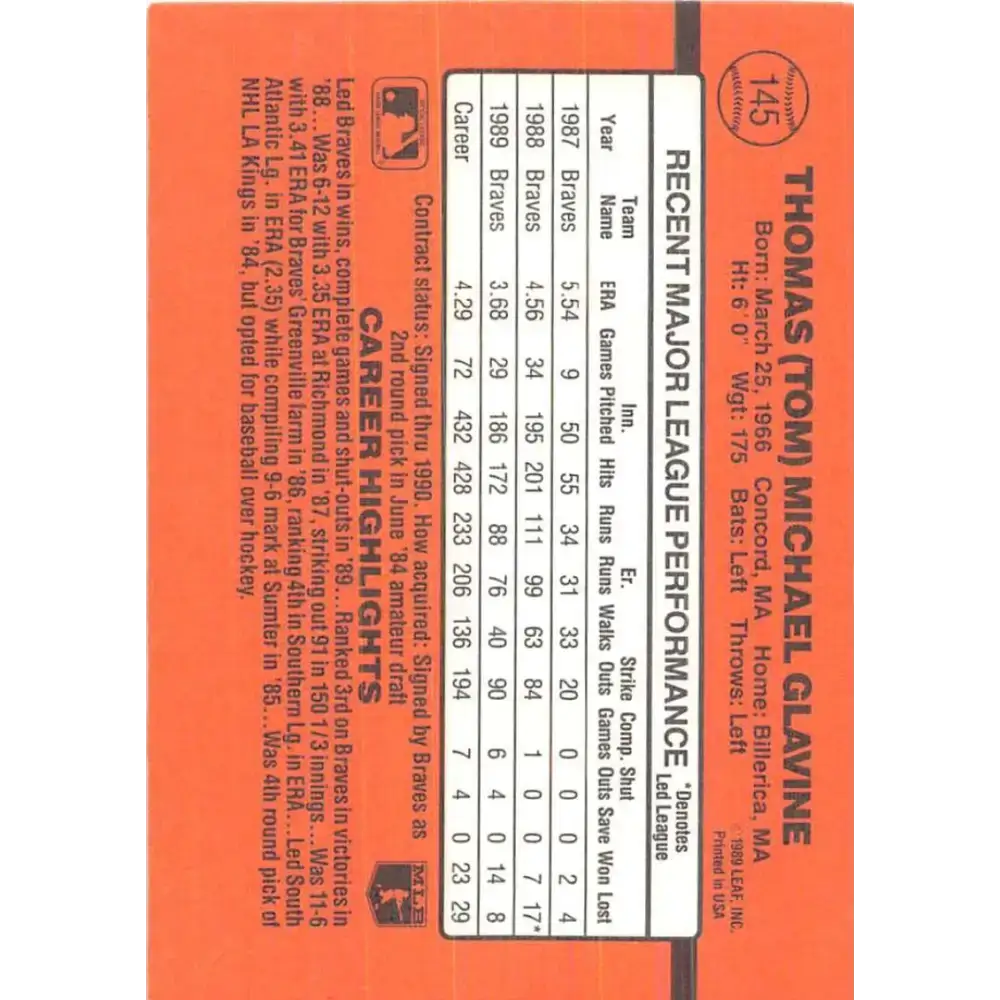 1990 Donruss #145 Tom Glavine VG-EX Atlanta Braves Baseball Card - Baseball Card Single