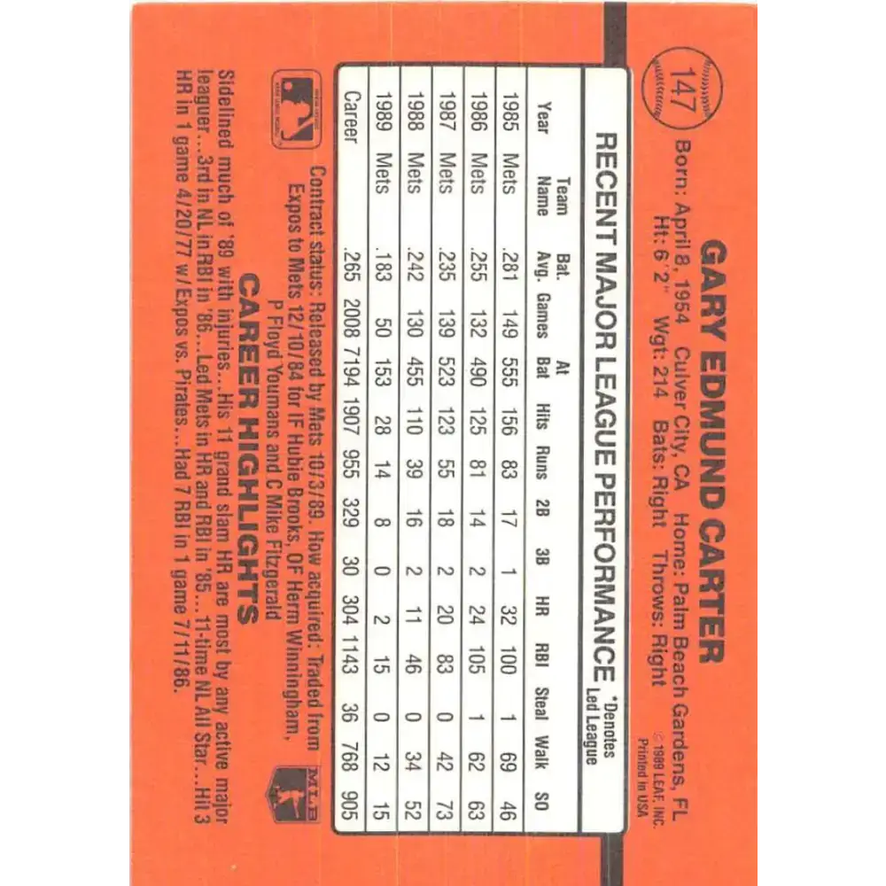 1990 Donruss #147 Gary Carter VG-EX New York Mets Baseball Card - Baseball Card Single