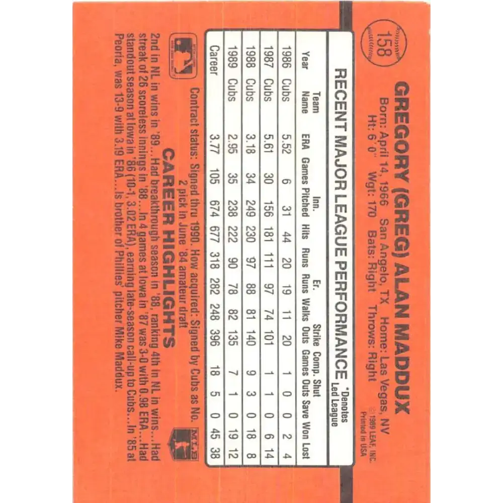 1990 Donruss #158 Greg Maddux VG-EX Chicago Cubs Baseball Card - Baseball Card Single