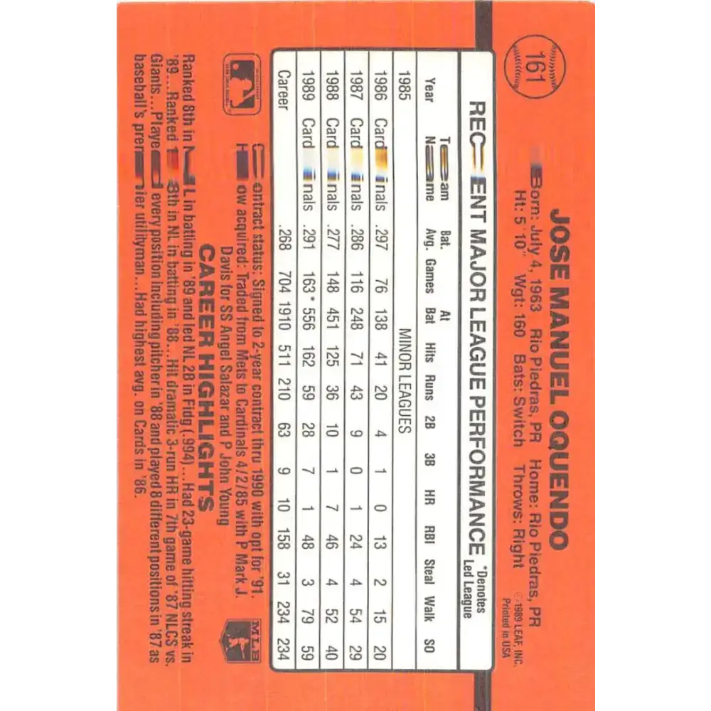 1990 Donruss #161 Jose Oquendo VG-EX St. Louis Cardinals Baseball Card - Baseball Card Single
