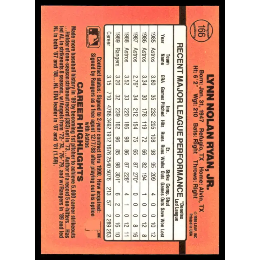 1990 Donruss #166 Nolan Ryan EX/NM Texas Rangers Baseball Card - Baseball Card Single