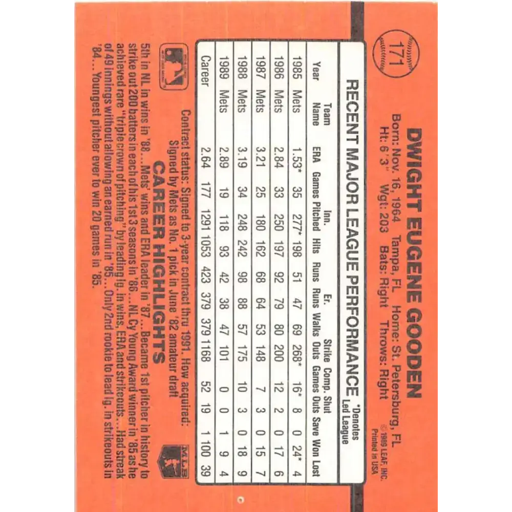 1990 Donruss #171 Dwight Gooden VG-EX New York Mets Baseball Card - Baseball Card Single