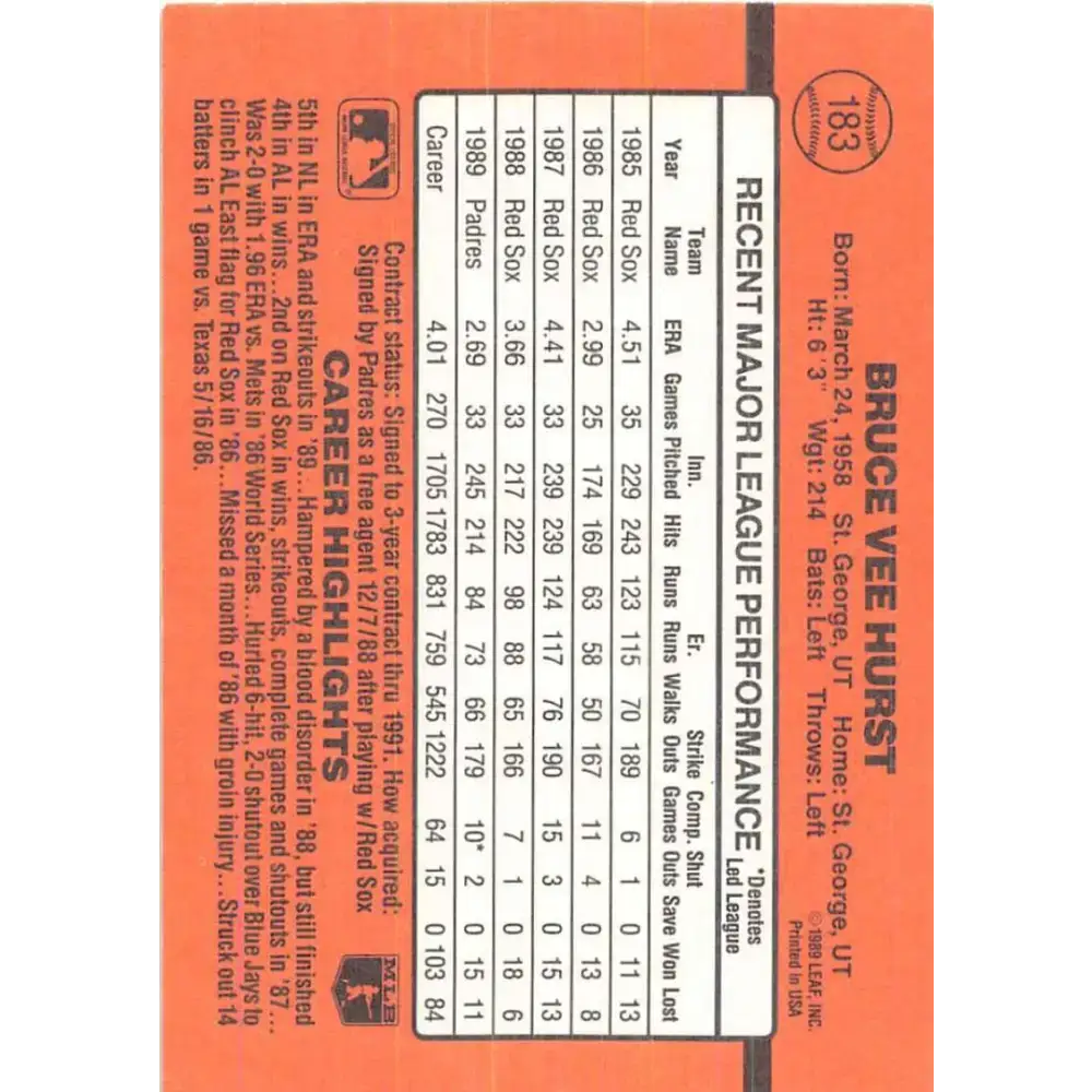 1990 Donruss #183 Bruce Hurst VG-EX San Diego Padres Baseball Card - Baseball Card Single