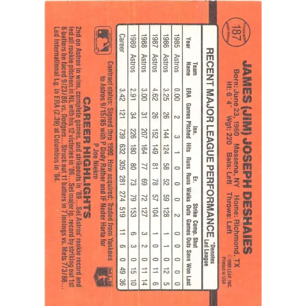 1990 Donruss #187 Jim Deshaies VG-EX Houston Astros Baseball Card - Baseball Card Single