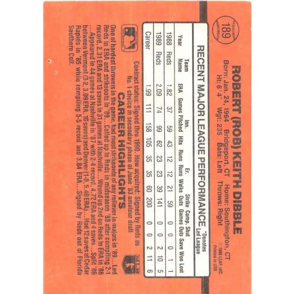 1990 Donruss #189 Rob Dibble VG-EX Cincinnati Reds Baseball Card - Baseball Card Single