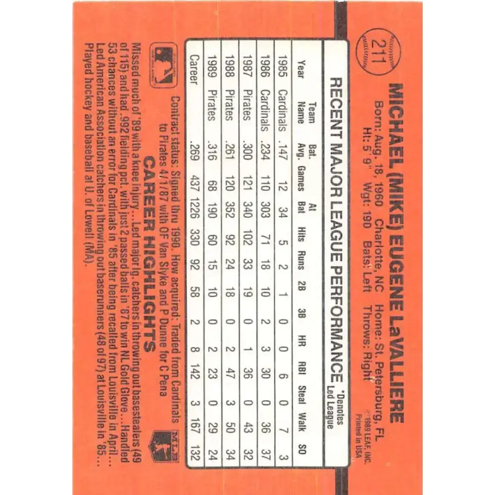 1990 Donruss #211 Mike LaValliere VG-EX Pittsburgh Pirates Baseball Card - Baseball Card Single