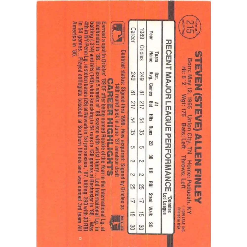 1990 Donruss #215 Steve Finley VG-EX Baltimore Orioles Baseball Card - Baseball Card Single