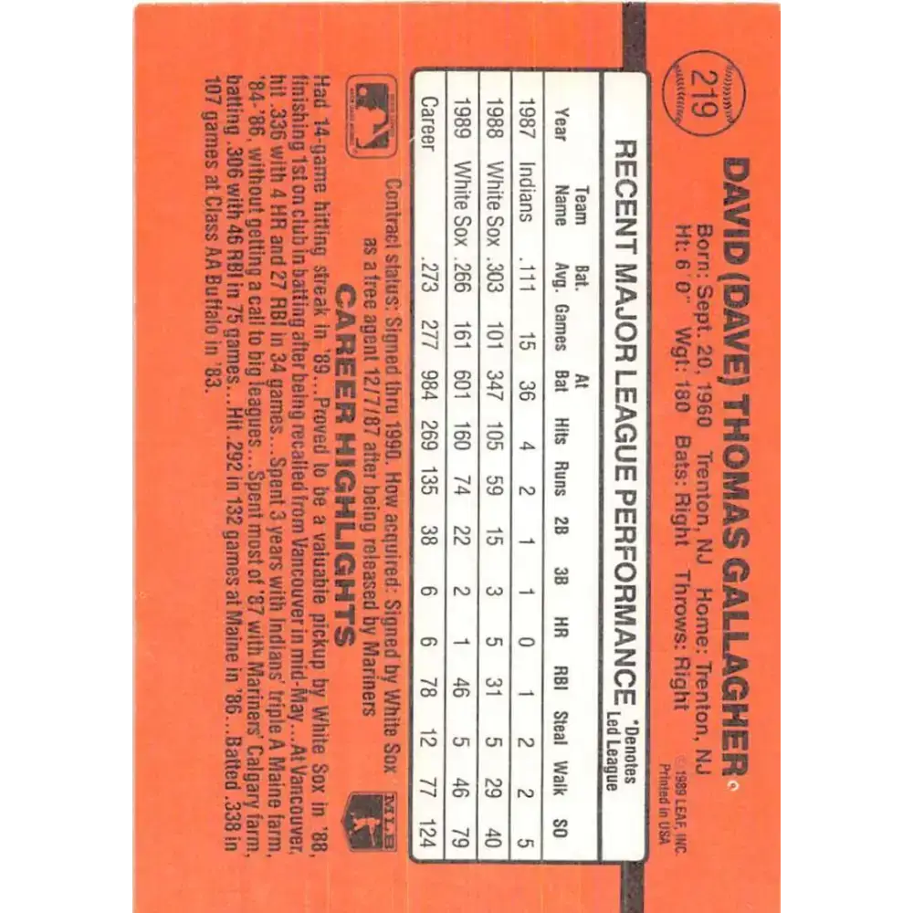 1990 Donruss #219 Dave Gallagher VG-EX Chicago White Sox Baseball Card - Baseball Card Single