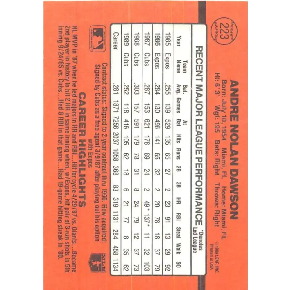 1990 Donruss #223 Andre Dawson VG-EX Chicago Cubs Baseball Card - Baseball Card Single