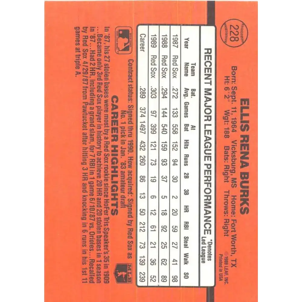 1990 Donruss #228 Ellis Burks VG-EX Boston Red Sox Baseball Card - Baseball Card Single
