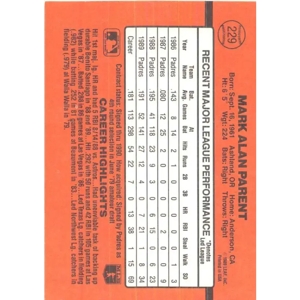 1990 Donruss #229 Mark Parent VG-EX San Diego Padres Baseball Card - Baseball Card Single