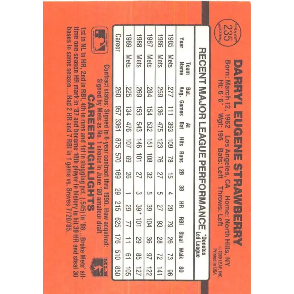 1990 Donruss #235 Darryl Strawberry VG-EX New York Mets Baseball Card - Baseball Card Single