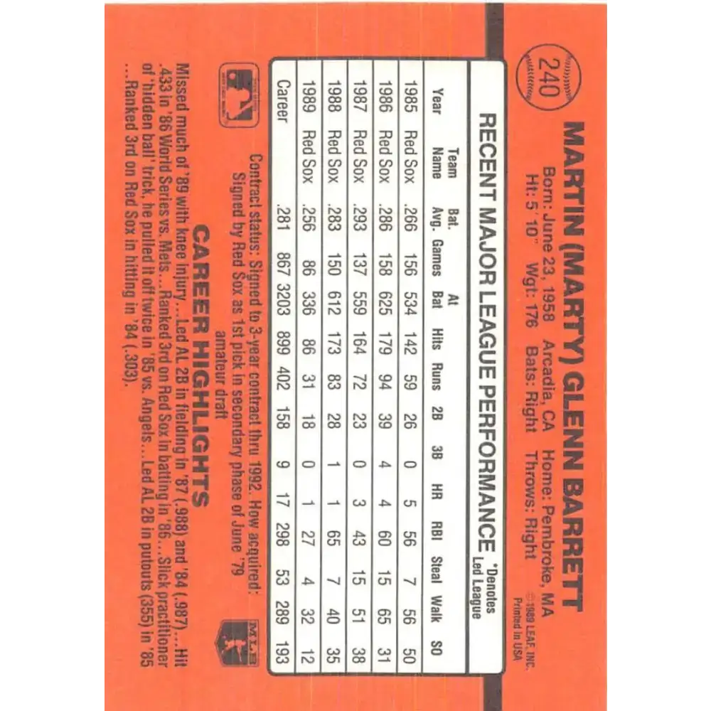 1990 Donruss #240 Marty Barrett VG-EX Boston Red Sox Baseball Card - Baseball Card Single