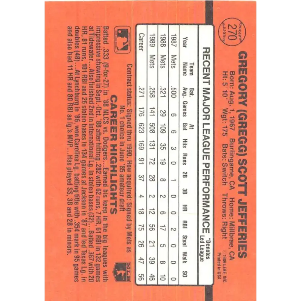 1990 Donruss #270 Gregg Jefferies VG-EX New York Mets Baseball Card - Baseball Card Single