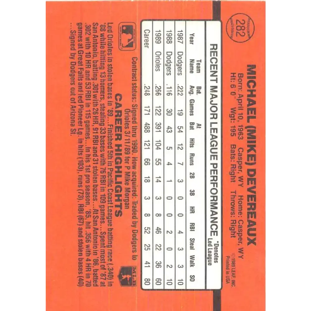 1990 Donruss #282 Mike Devereaux VG-EX Baltimore Orioles Baseball Card - Baseball Card Single