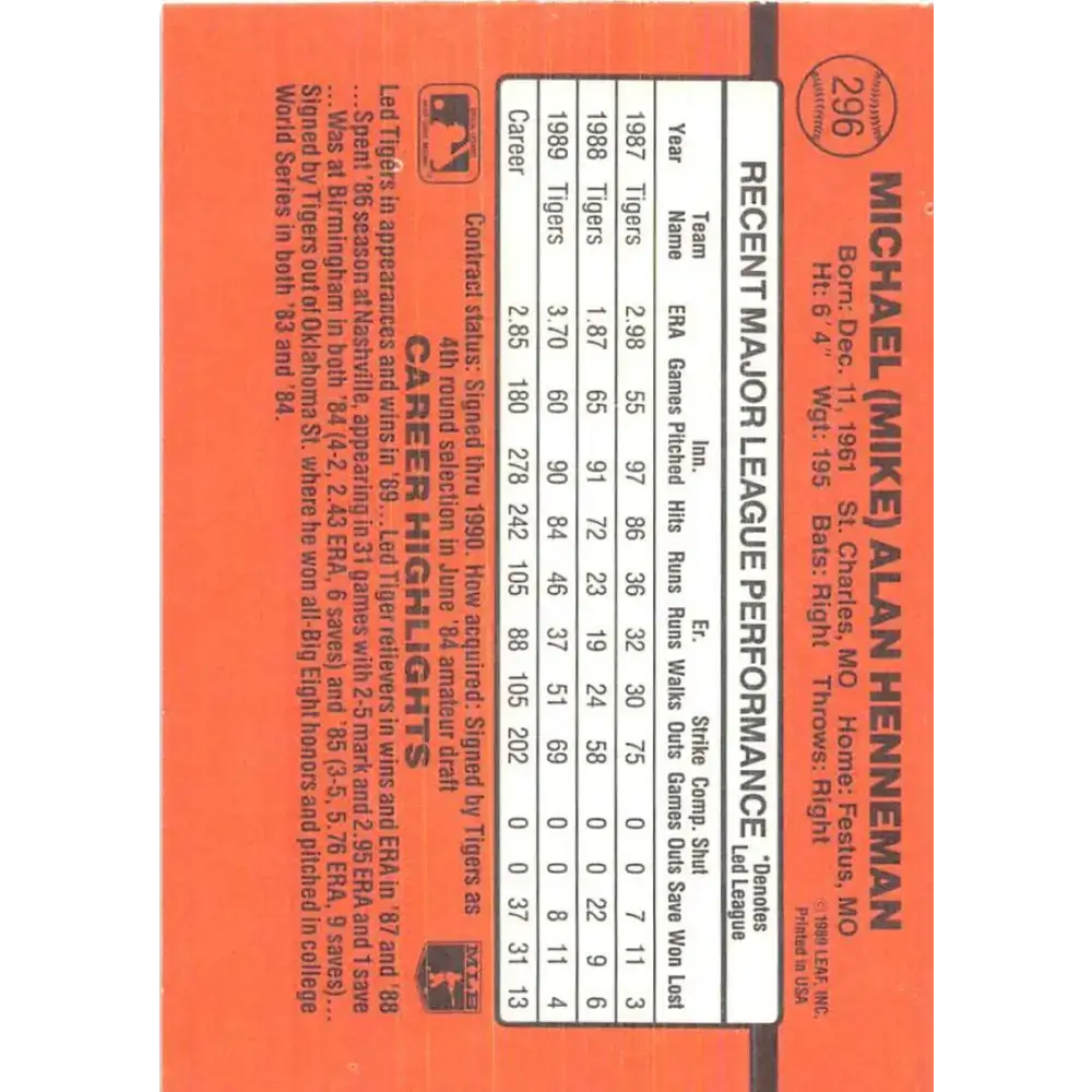 1990 Donruss #296 Mike Henneman VG-EX Detroit Tigers Baseball Card - Baseball Card Single