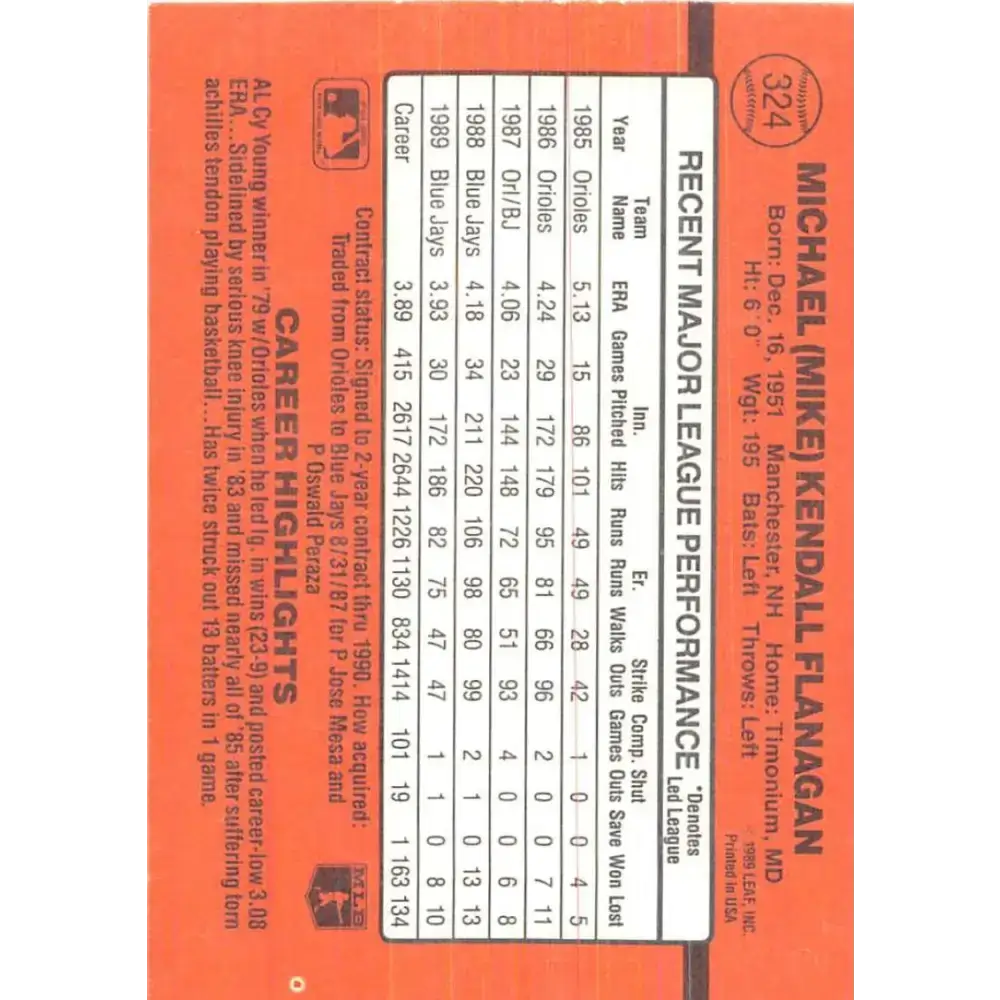 1990 Donruss #324 Mike Flanagan VG-EX Toronto Blue Jays Baseball Card - Baseball Card Single