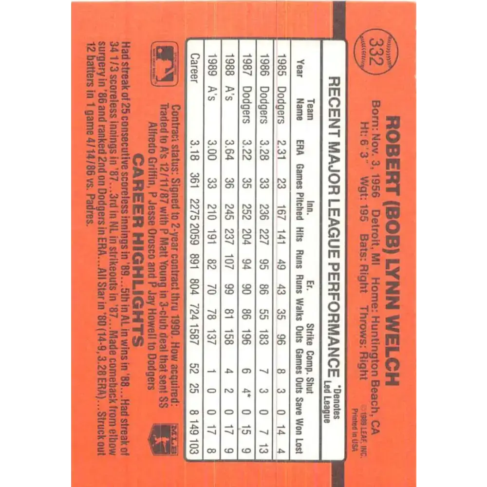 1990 Donruss #332 Bob Welch VG-EX Oakland Athletics Baseball Card - Baseball Card Single