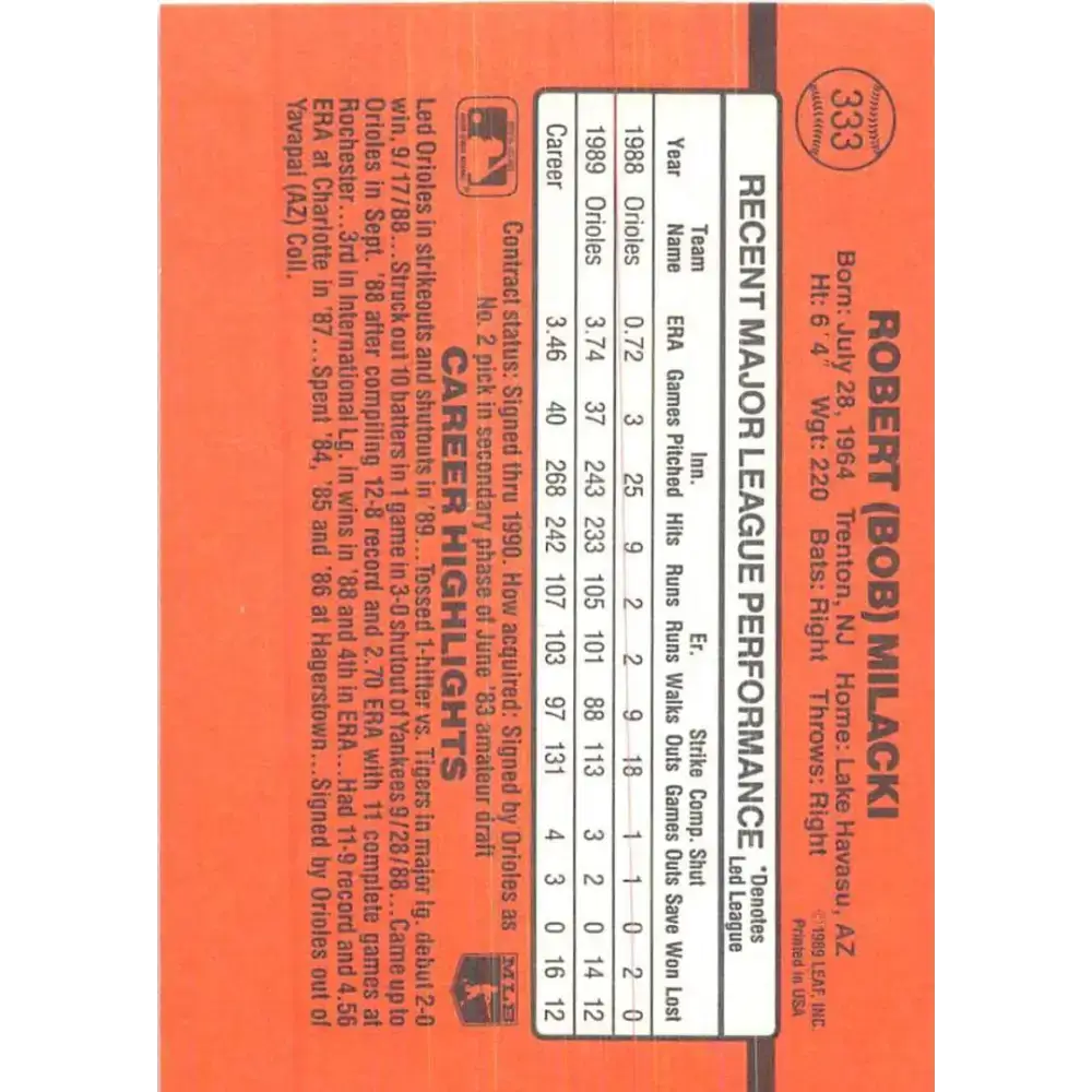 1990 Donruss #333 Bob Milacki VG-EX Baltimore Orioles Baseball Card - Baseball Card Single
