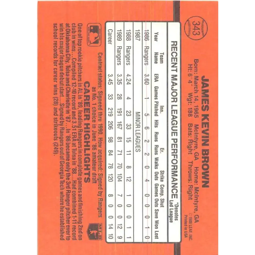 1990 Donruss #343 Kevin Brown UER VG-EX Texas Rangers Baseball Card - Baseball Card Single