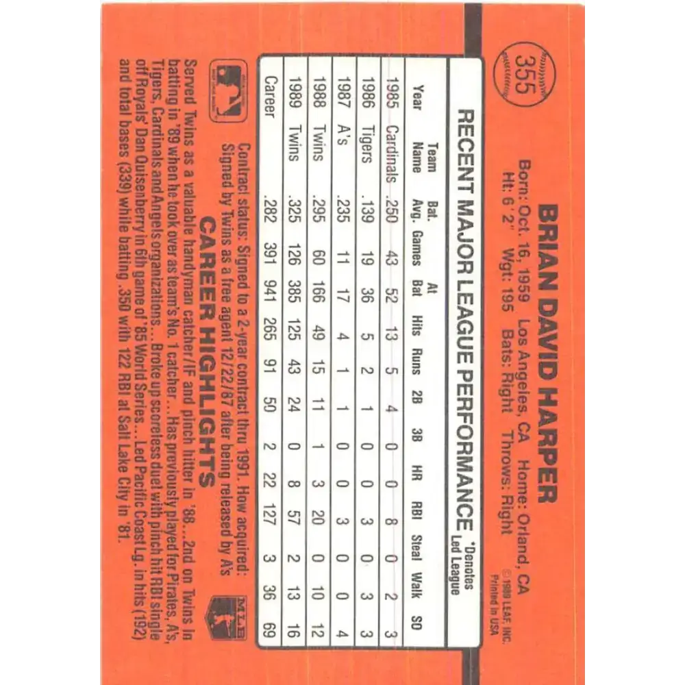 1990 Donruss #355 Brian Harper VG-EX Minnesota Twins Baseball Card - Baseball Card Single