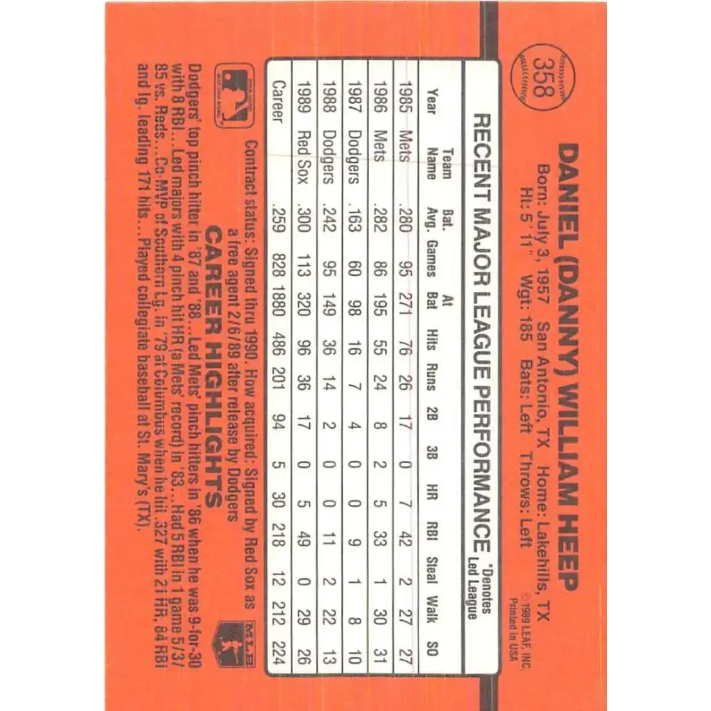 1990 Donruss #358 Danny Heep VG-EX Boston Red Sox Baseball Card - Baseball Card Single