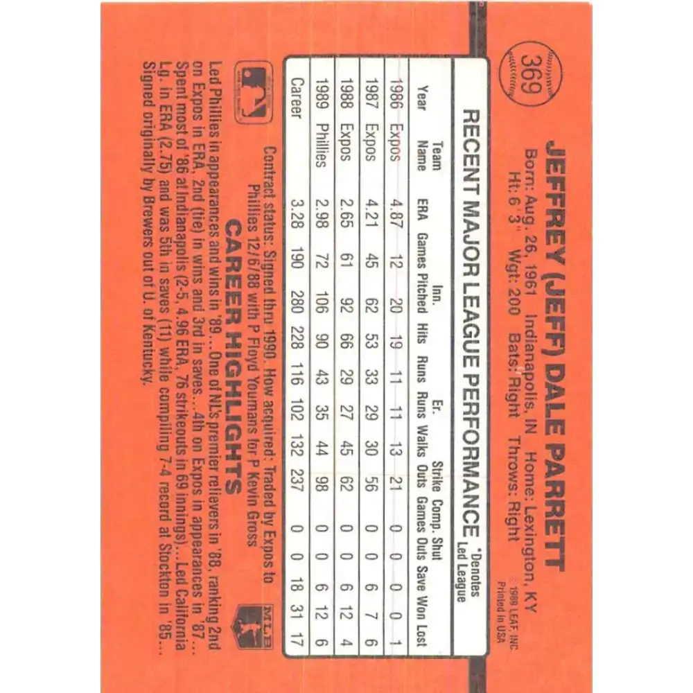 1990 Donruss #369 Jeff Parrett VG-EX Philadelphia Phillies Baseball Card - Baseball Card Single