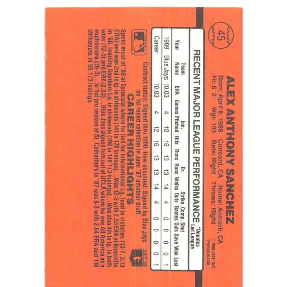 1990 Donruss #45 Alex Sanchez DP VG-EX Toronto Blue Jays Baseball Card - Baseball Card Single