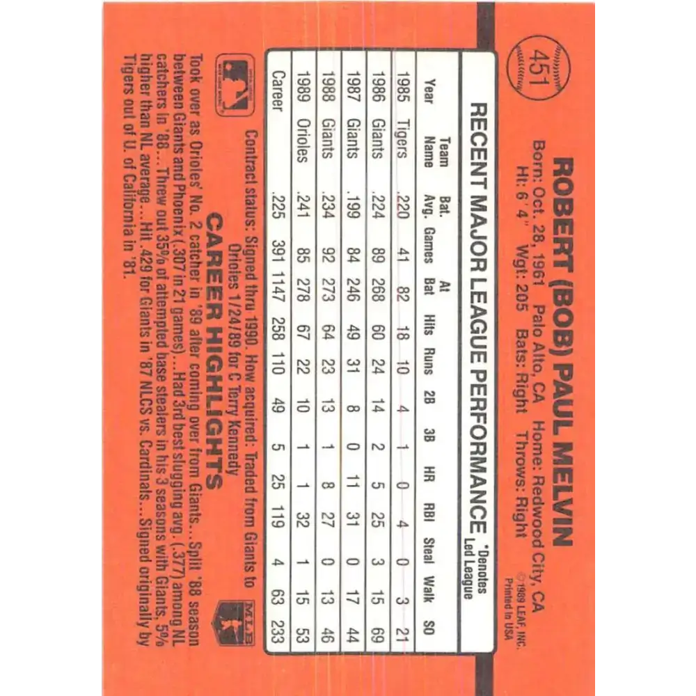 1990 Donruss #451 Bob Melvin VG-EX Baltimore Orioles Baseball Card - Baseball Card Single