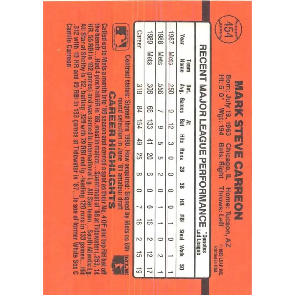 1990 Donruss #454 Mark Carreon VG-EX New York Mets Baseball Card - Baseball Card Single