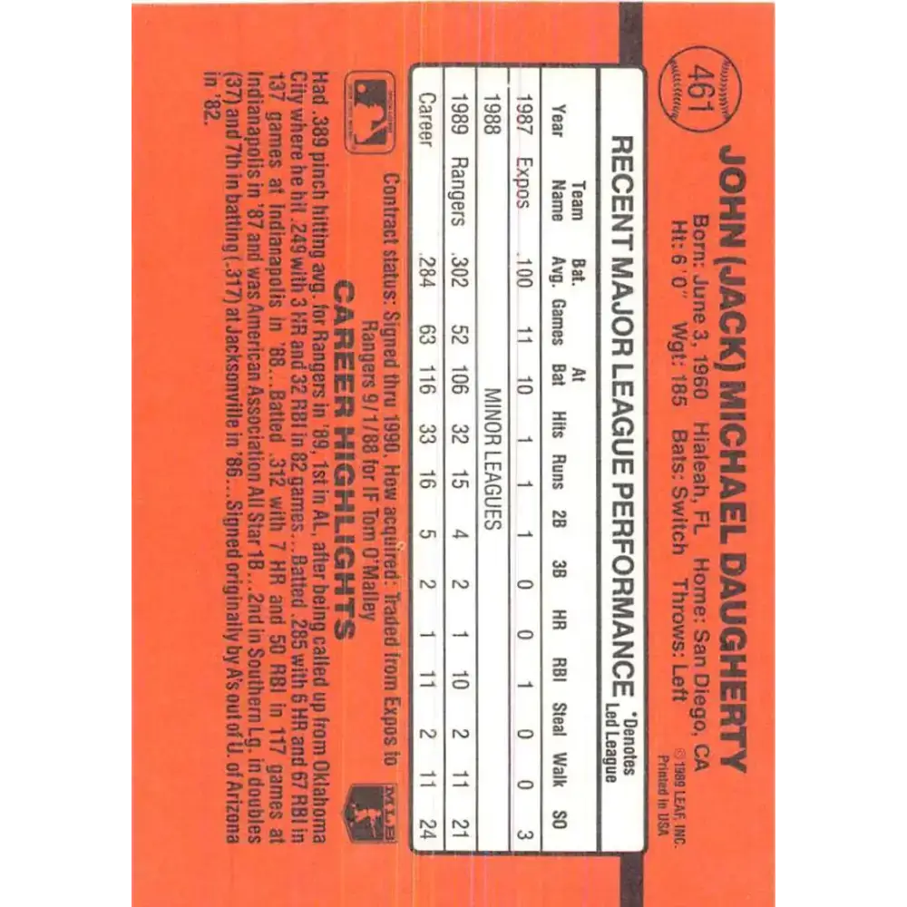 1990 Donruss #461 Jack Daugherty VG-EX RC Rookie Texas Rangers Baseball Card - Baseball Card Single