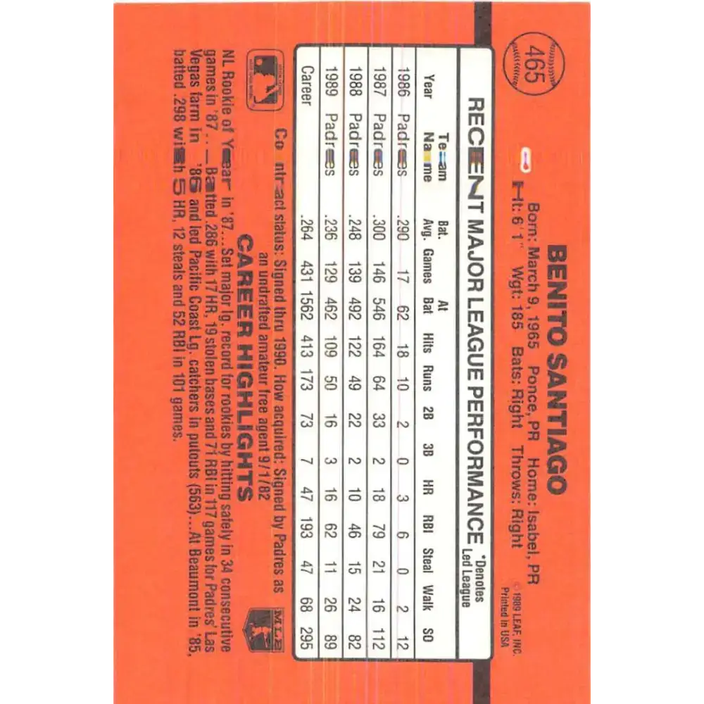 1990 Donruss #465 Benito Santiago VG-EX San Diego Padres Baseball Card - Baseball Card Single