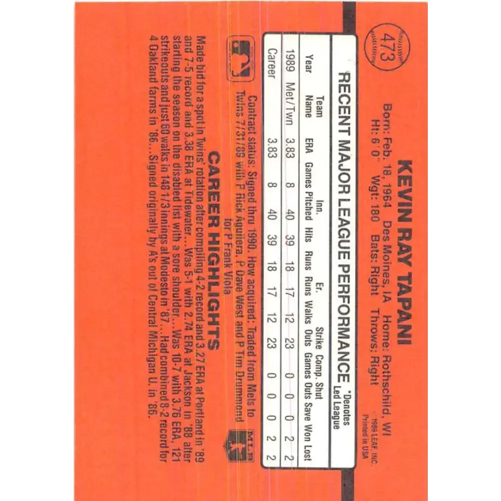 1990 Donruss #473 Kevin Tapani VG-EX RC Rookie Minnesota Twins Baseball Card - Baseball Card Single