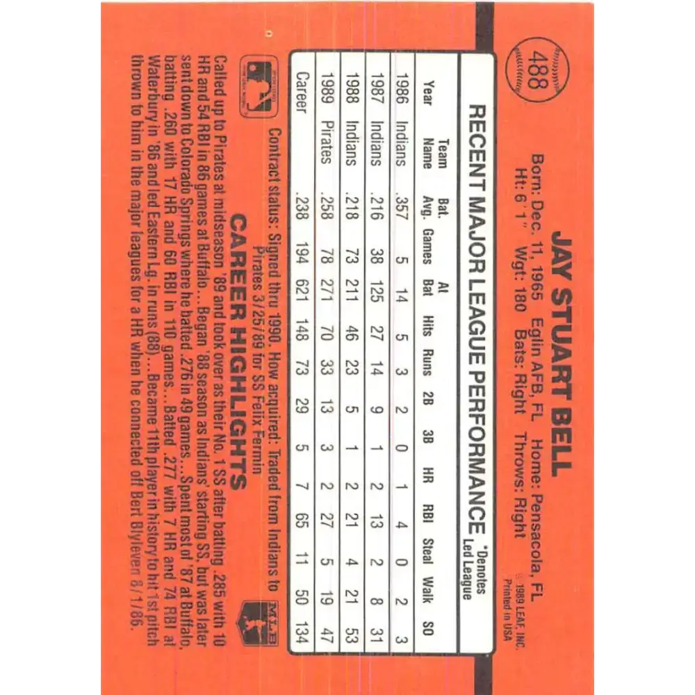 1990 Donruss #488 Jay Bell VG-EX Pittsburgh Pirates Baseball Card - Baseball Card Single