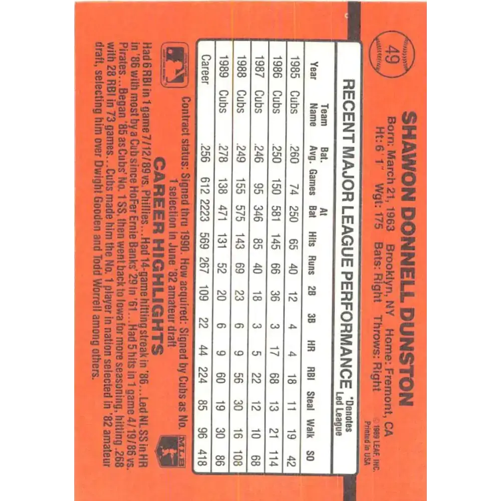 1990 Donruss #49 Shawon Dunston VG-EX Chicago Cubs Baseball Card - Baseball Card Single