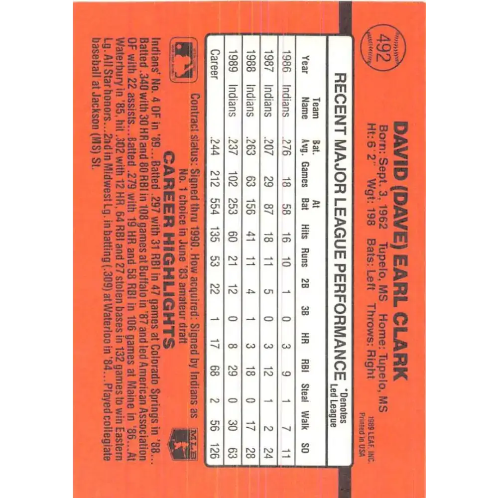 1990 Donruss #492 Dave Clark VG-EX Cleveland Indians Baseball Card - Baseball Card Single