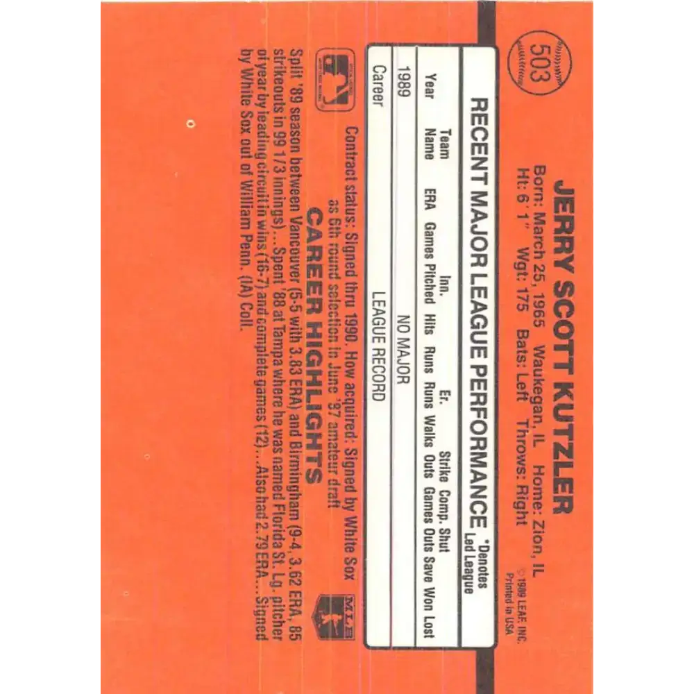 1990 Donruss #503 Jerry Kutzler VG-EX RC Rookie Chicago White Sox Baseball Card - Baseball Card Single