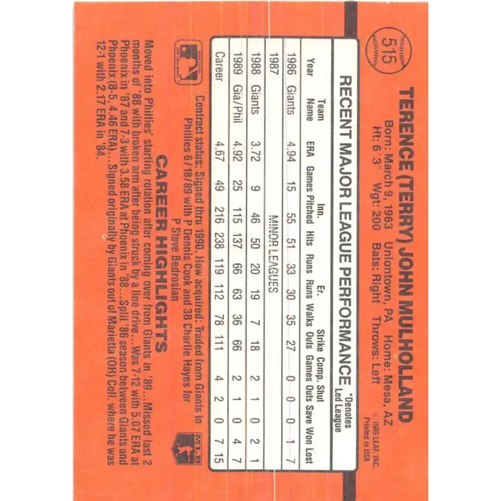1990 Donruss #515 Terry Mulholland VG-EX Philadelphia Phillies Baseball Card - Baseball Card Single