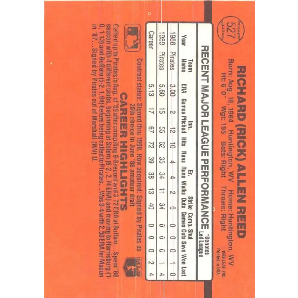 1990 Donruss #527 Rick Reed VG-EX RC Rookie Pittsburgh Pirates Baseball Card - Baseball Card Single