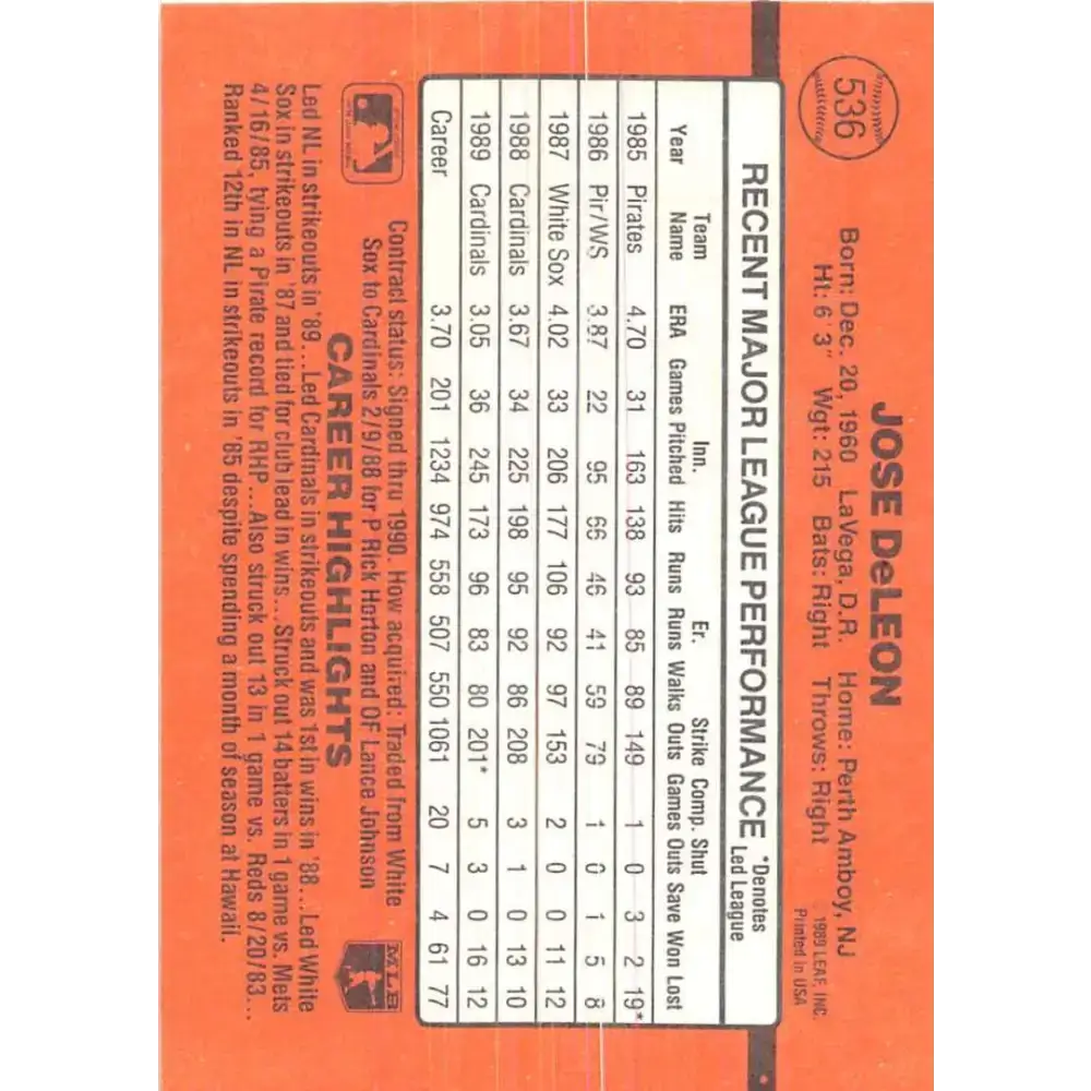 1990 Donruss #536 Jose DeLeon VG-EX St. Louis Cardinals Baseball Card - Baseball Card Single