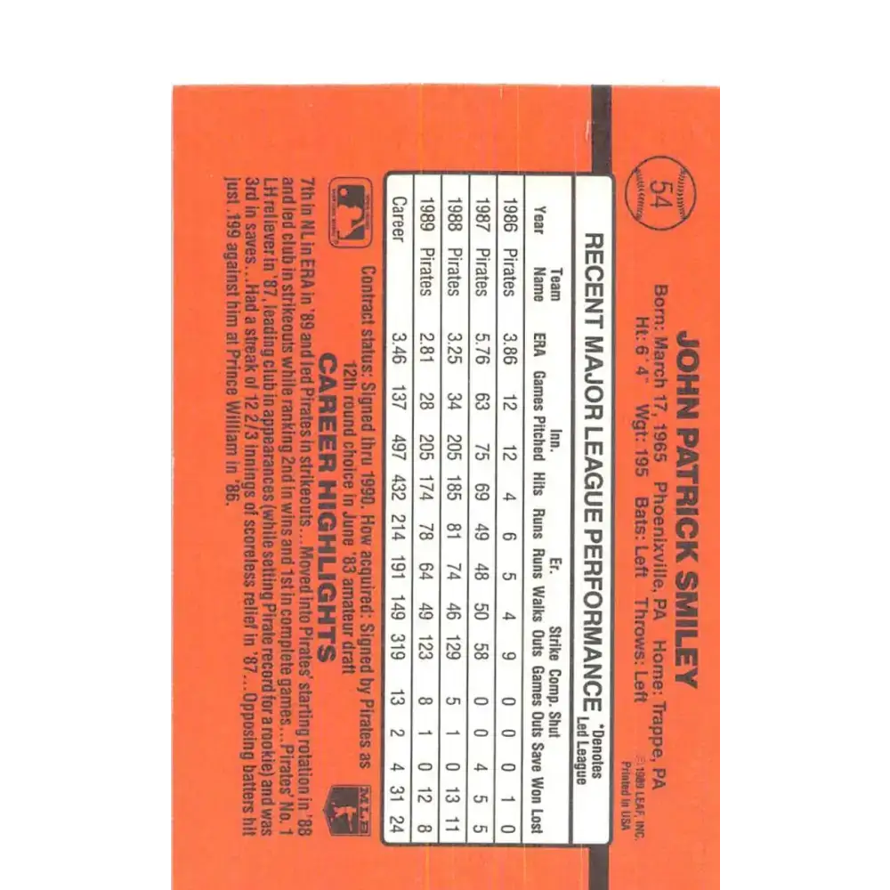 1990 Donruss #54 John Smiley VG-EX Pittsburgh Pirates Baseball Card - Baseball Card Single