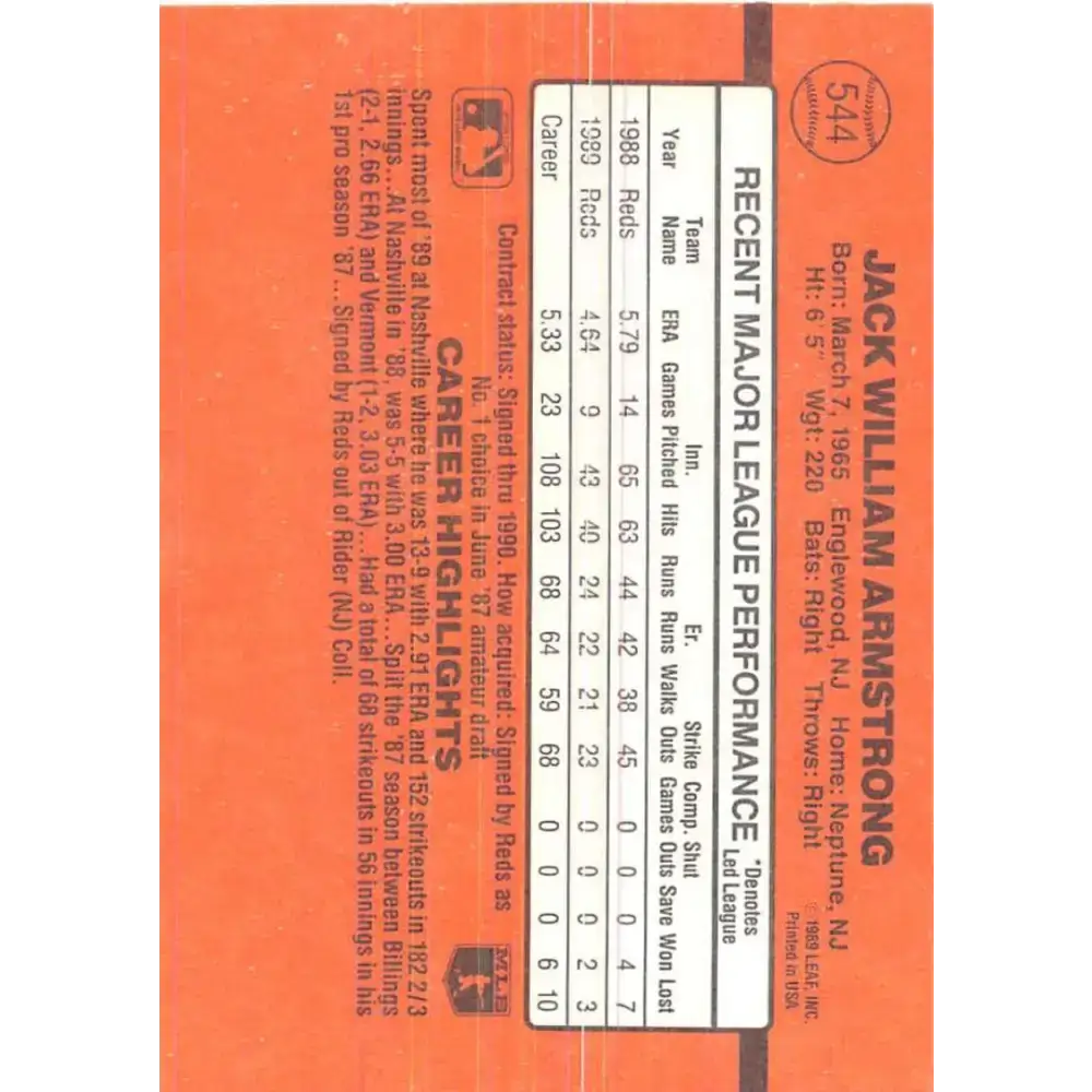 1990 Donruss #544 Jack Armstrong VG-EX Cincinnati Reds Baseball Card - Baseball Card Single
