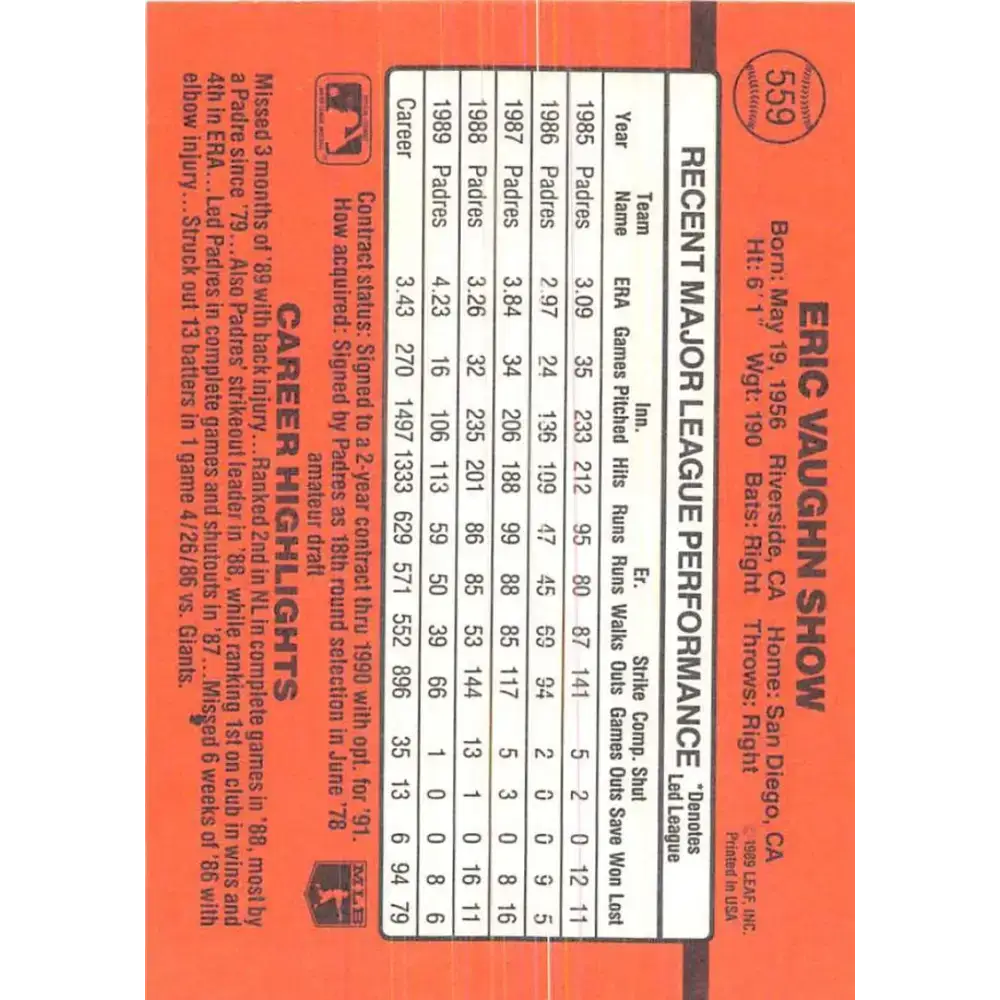 1990 Donruss #559 Eric Show VG-EX San Diego Padres Baseball Card - Baseball Card Single