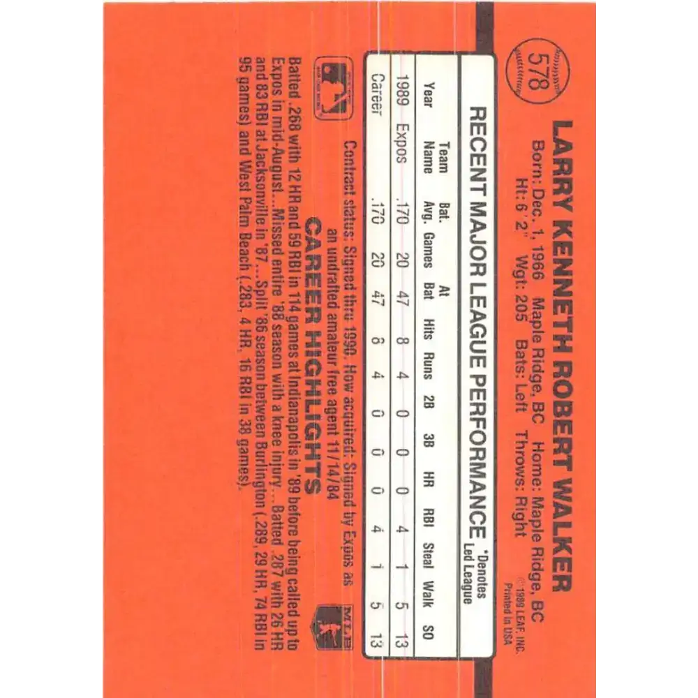1990 Donruss #578 Larry Walker VG-EX RC Rookie Montreal Expos Baseball Card - Baseball Card Single
