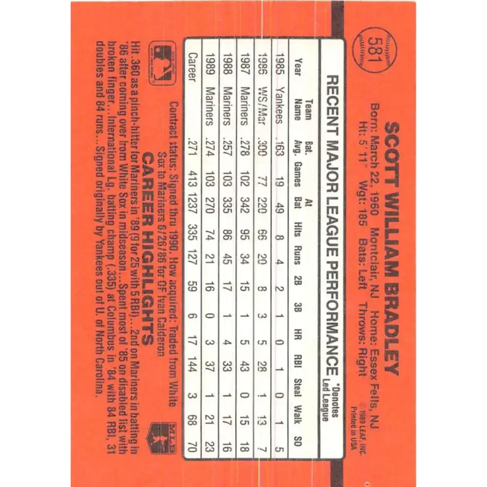 1990 Donruss #581 Scott Bradley VG-EX Seattle Mariners Baseball Card - Baseball Card Single