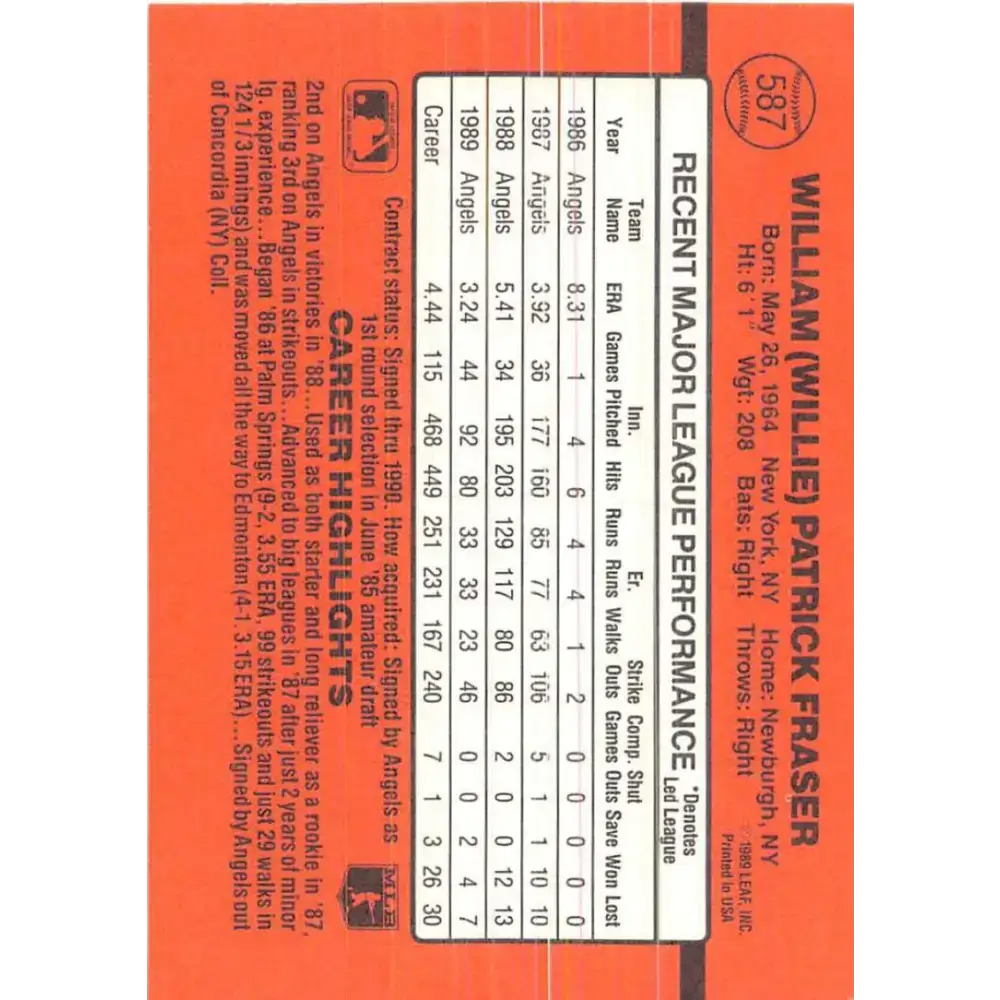 1990 Donruss #587 Willie Fraser DP VG-EX California Angels Baseball Card - Baseball Card Single