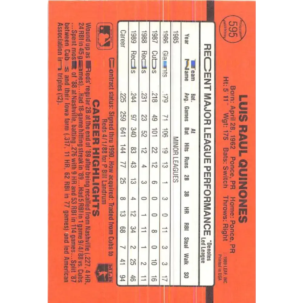 1990 Donruss #595 Luis Quinones DP VG-EX Cincinnati Reds Baseball Card - Baseball Card Single