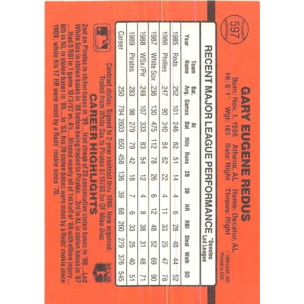 1990 Donruss #597 Gary Redus VG-EX Pittsburgh Pirates Baseball Card - Baseball Card Single