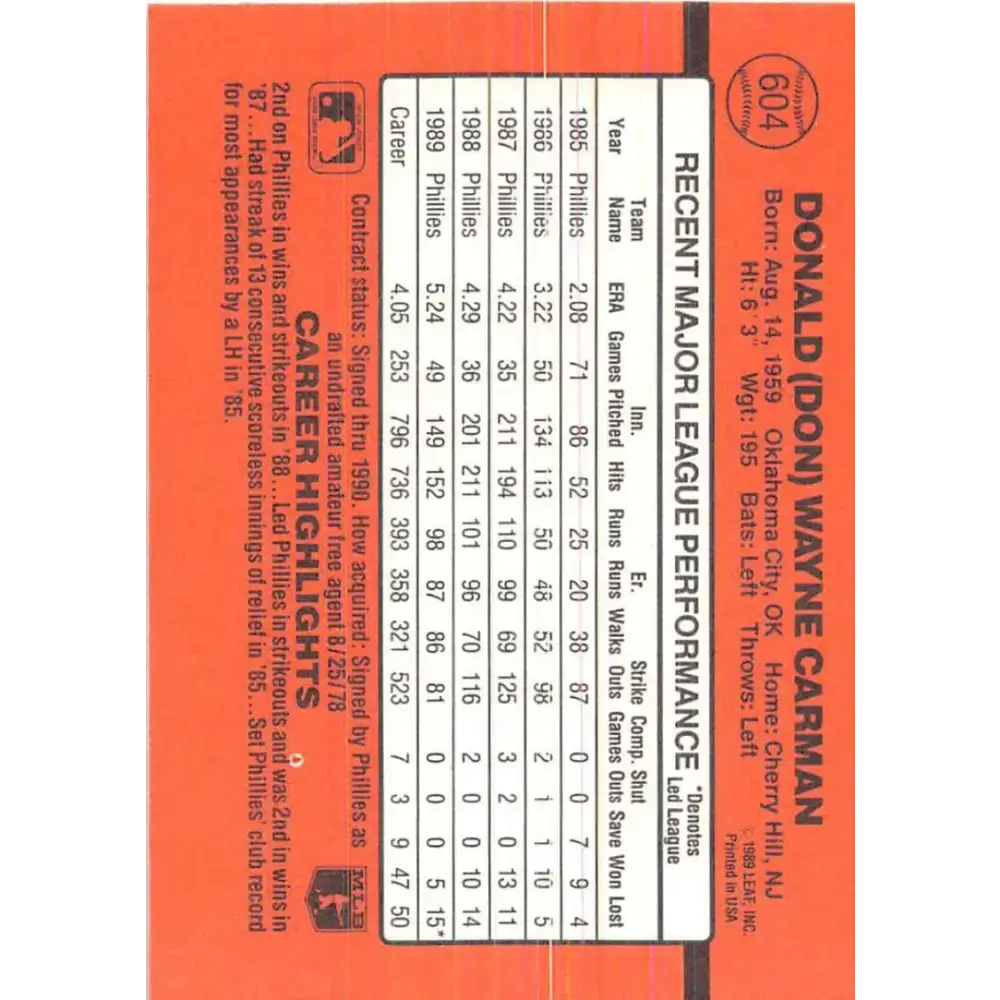 1990 Donruss #604 Don Carman DP VG-EX Philadelphia Phillies Baseball Card - Baseball Card Single