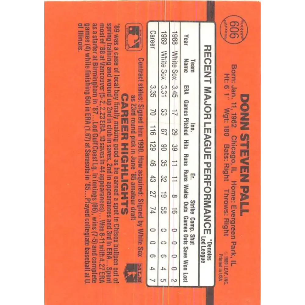 1990 Donruss #606 Donn Pall DP VG-EX Chicago White Sox Baseball Card - Baseball Card Single